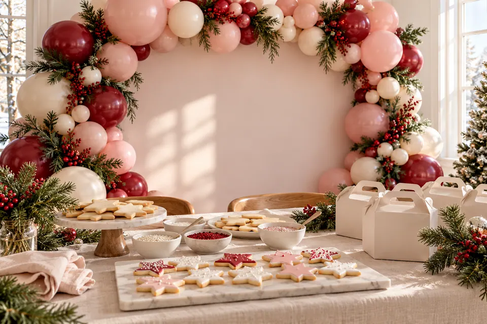 Blush, cranberry, and cream balloon garland framing a Christmas cookie table
