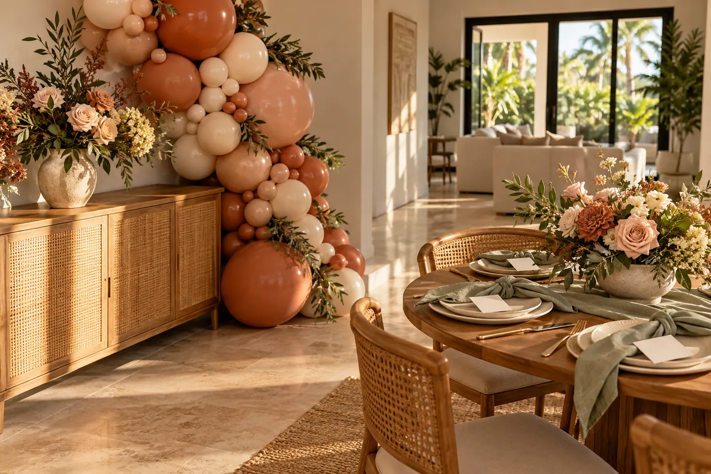 A Friendsgiving table with terracotta and cream balloons and blank memory cards