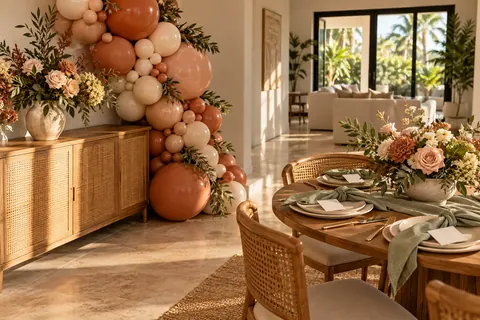 A Friendsgiving table with terracotta and cream balloons and blank memory cards