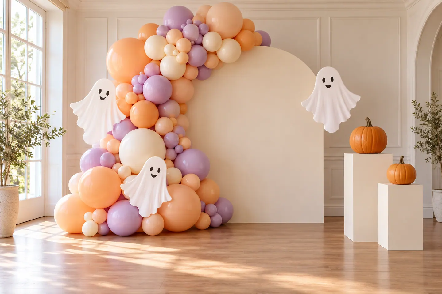 Peach and lavender Halloween balloon arch with friendly ghost accents and pumpkins