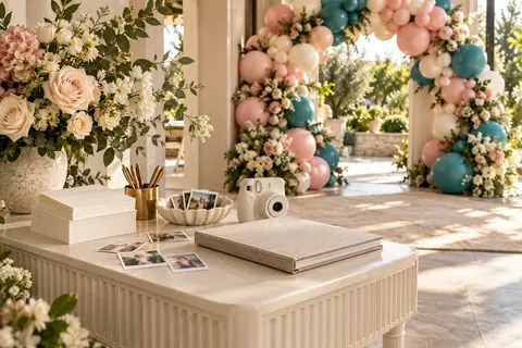 A camera, photo album, and memory cards beside a pink and teal balloon arch