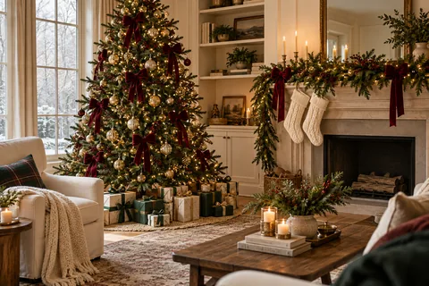AI-generated holiday styling concept illustrating hiring a christmas decorating service in palm beach county: tree, mantel, entry & party-ready home