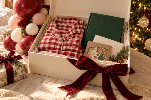 A Christmas Eve keepsake box with pajamas, a storybook, ribbon, and a balloon accent