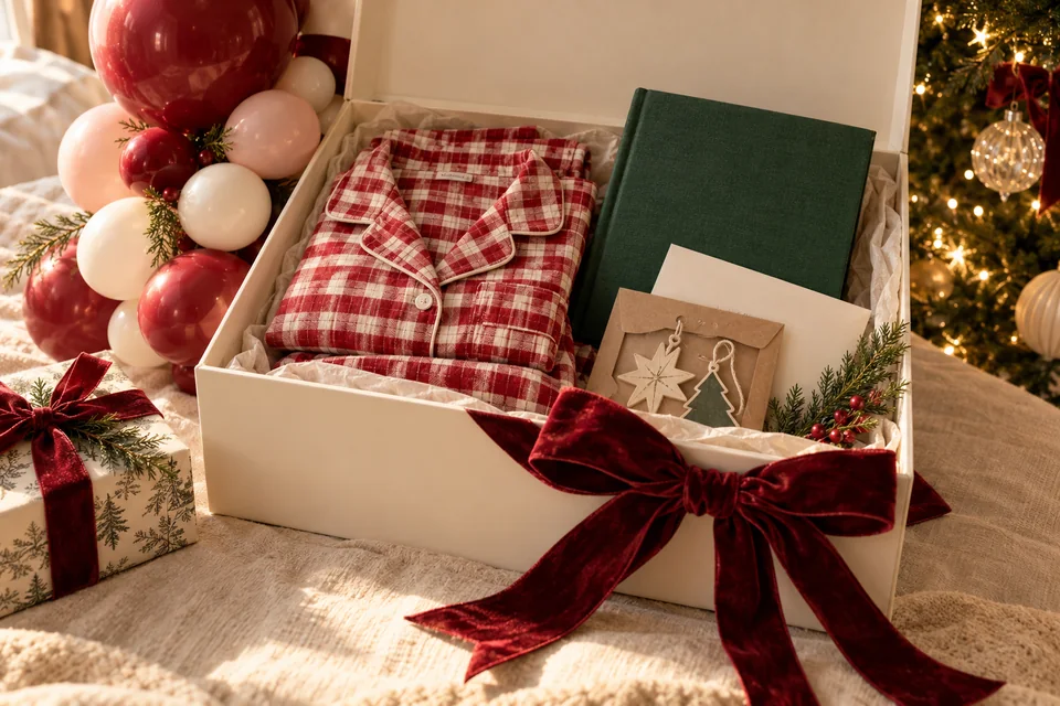 A Christmas Eve box with checked pajamas, a storybook, a craft envelope, and balloon accents