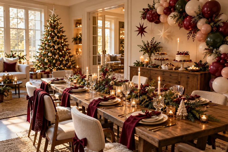 Christmas party tablescape accented with a cranberry and evergreen organic balloon garland