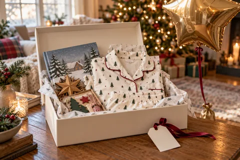 AI-generated holiday styling concept illustrating christmas eve boxes with personalized pajamas: a cozy tradition for families & grandparents