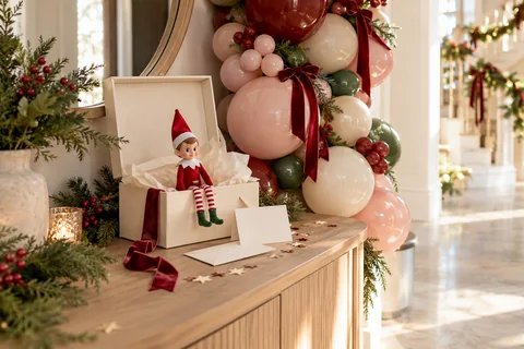 An elf arrival keepsake box with cranberry, blush, and ivory balloon styling