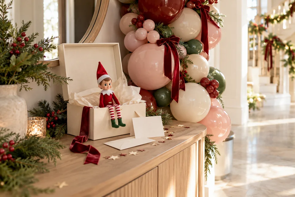 A little elf in a keepsake box beside a blush, cranberry, and evergreen balloon display