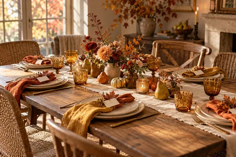 An autumn table with amber glasses, ochre and terracotta napkins, small pumpkins, and low flowers