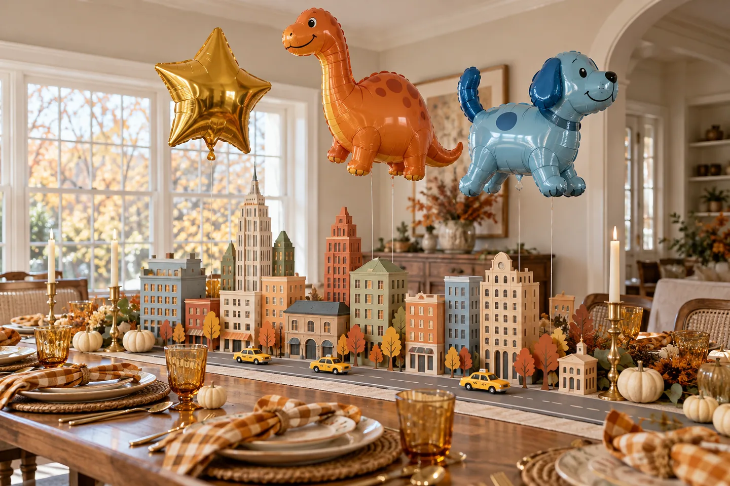 AI-generated holiday styling concept illustrating thanksgiving balloons, friendsgiving decor & a parade table you can make: step by step