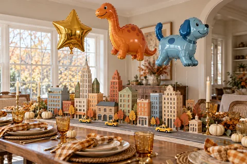 AI-generated holiday styling concept illustrating thanksgiving balloons, friendsgiving decor & a parade table you can make: step by step