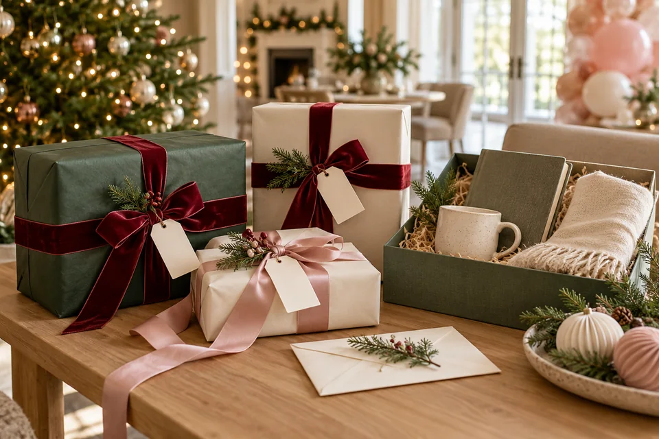 A curated gift hamper and beautifully wrapped ivory and evergreen Christmas gifts with velvet ribbons