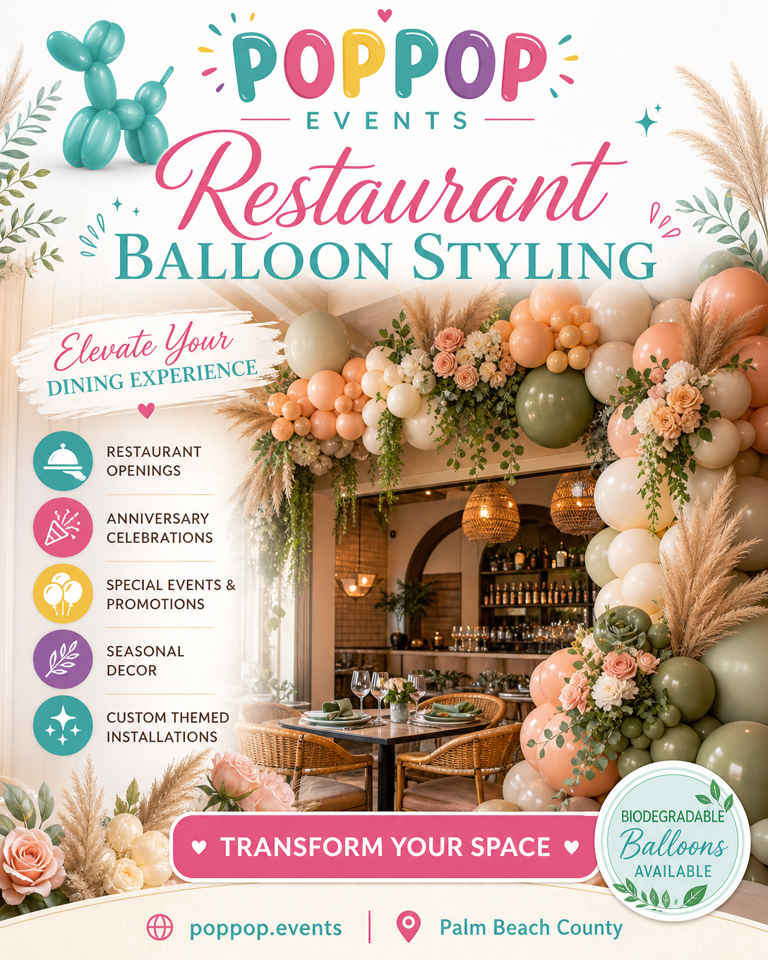 Grand opening balloon decor by PopPop Events — branded arches, columns, and ribbon-cutting backdrops